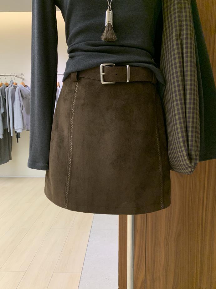 Korean Style Brown Deerskin Half Skirt - Plus Size Retro Suede Plush Hip-Hugging Short Skirt for Women S
