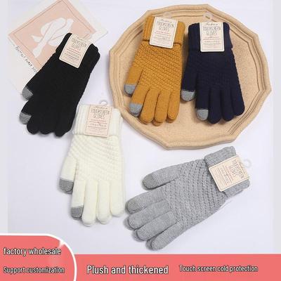 Women's Winter Velvet-Lined Touchscreen Knit Gloves - Cute, Thick, Korean Style, Cold-Proof