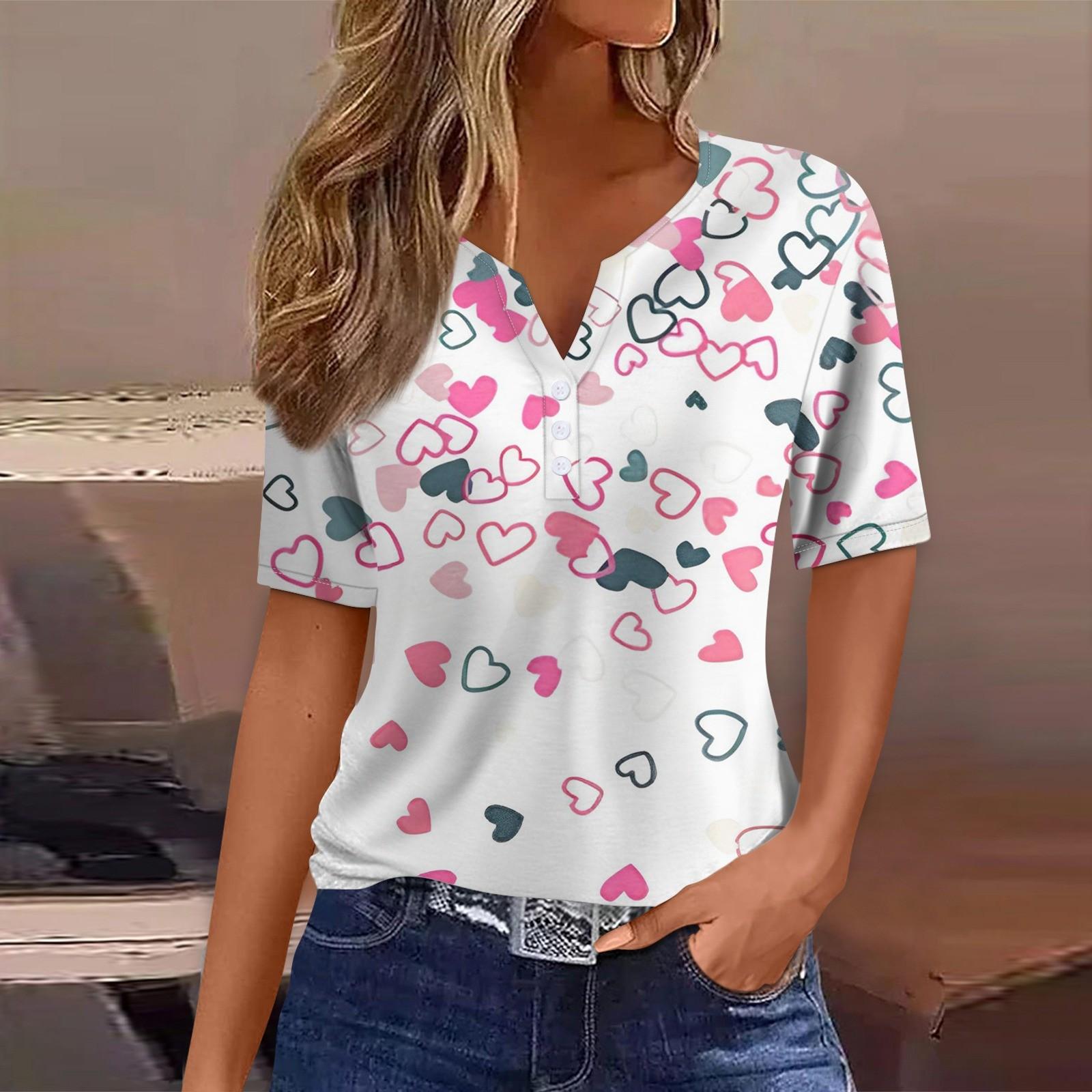 

Жен. Футболка Футболка с принтом на пуговицах ко Дню святого Валентина С короткими рукавами Повседневные Мода выходного дня Классический Классический топ с v-образным вырезом L красный