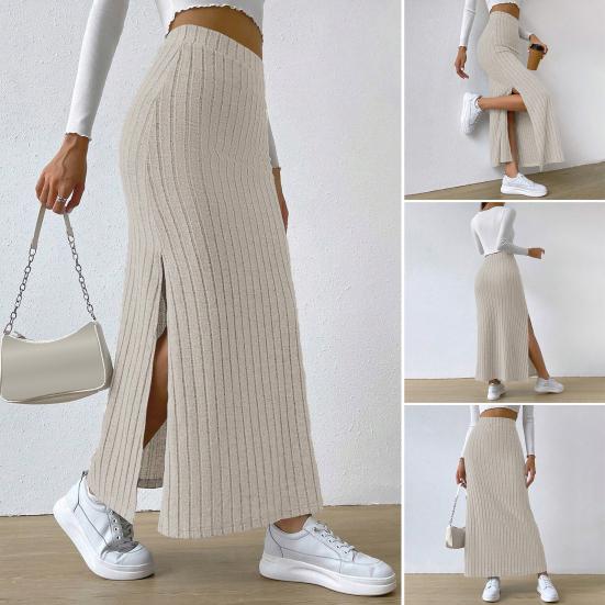 Maxi Skirt with Side Slits High-Waisted Ribbed Long Skirt Solid Color Hip Wrapped Autumn Winter Long Skirt