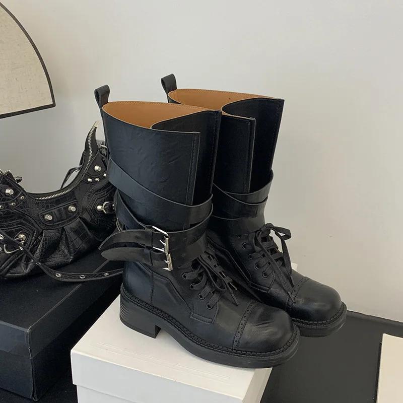 

Designer Thick Heel Women Mid Calf Boots Fashion Ladies Belt Buckle Knight Booties 40