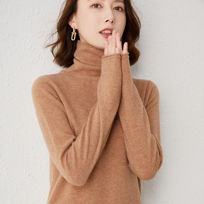 Women's 100% Pure Wool Turtleneck Sweater - Fashionable Autumn/Winter Knitted Cashmere Base Layer Top