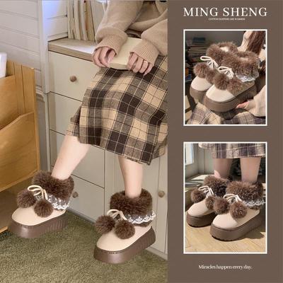 Women's Winter Fleece-Lined Pompon Snow Boots, Thick Sole, Non-Slip Mid-Calf Cotton Shoes.