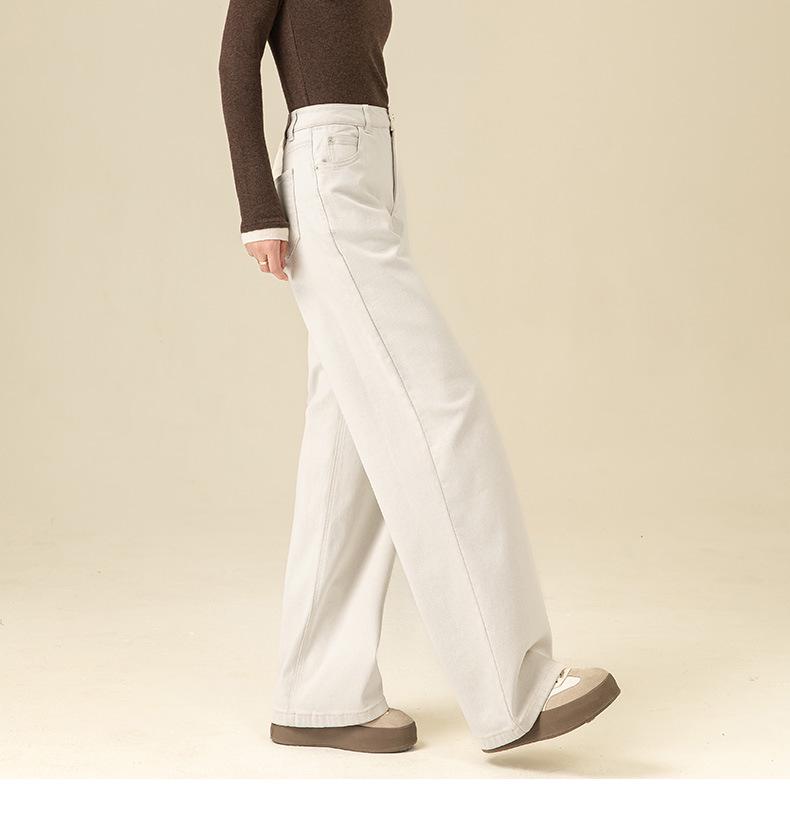 Women's 2024 Winter White Slim Straight Wide-Leg Fleece Jeans