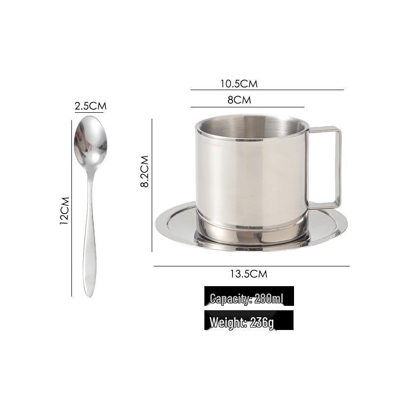 304 Stainless Steel Coffee Set: Double-Wall Insulated European-Style Cup, Saucer, Spoon, Anti-Scald, Custom Logo Option