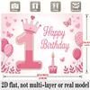 Pink First Birthday Banner, Crown Balloons Backdrop Wall Decor for Party