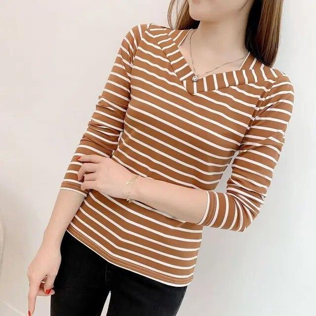 95 Cotton Long Sleeved Striped T-shirt Women's Fashion Spring Autumn New V-neck Bottoming Blouse