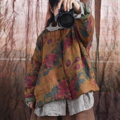 Dames Chinese Stijl Print Bloemen Parka's Ronde Hals Lange Mouw Knopen Winterjassen Plus Katoen Warme Parka's
