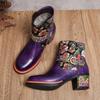 Johnature Vintage Floral High Heel Damen Stiefel Echtleder Schuhe Handbemalte Gürtelschnalle Mode Kurze Stiefel