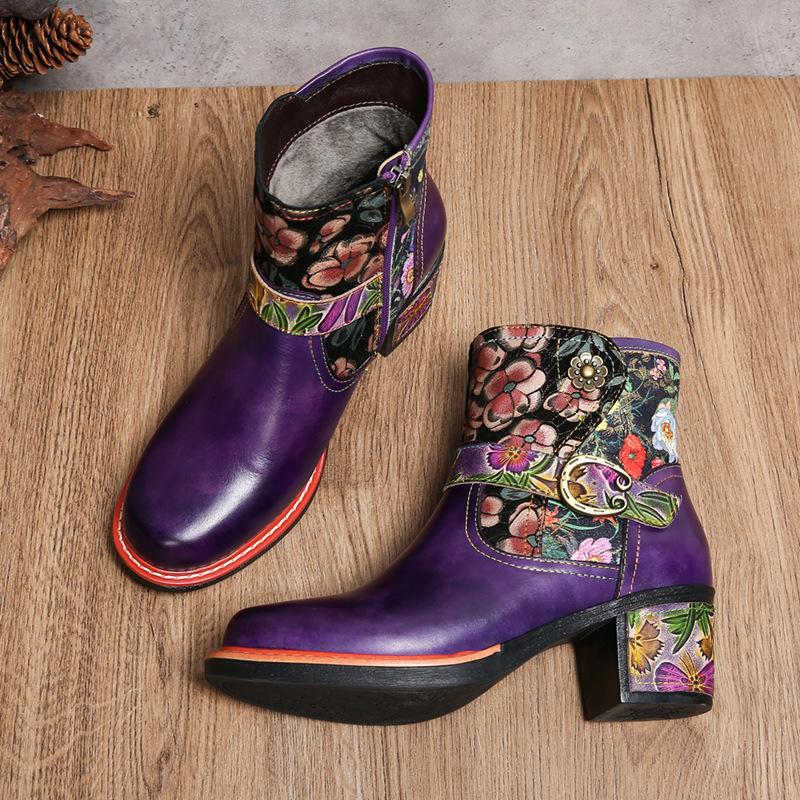 Johnature Vintage Floral High Heeled Women's Boots Genuine Leather Shoes Hand-painted Belt Buckle Fashion Short Boots