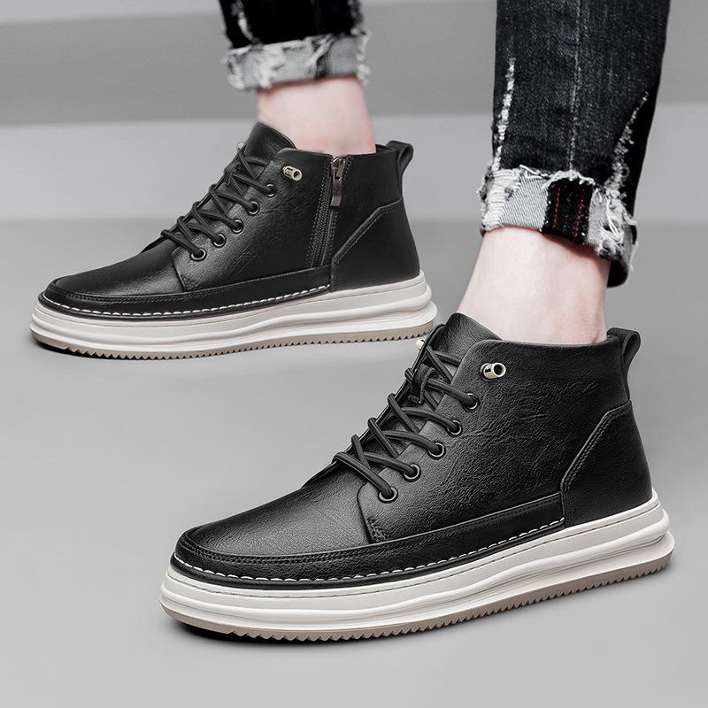 Men's Mid-Top Round Toe Lace-Up Leather Casual Shoes with Height Boost
