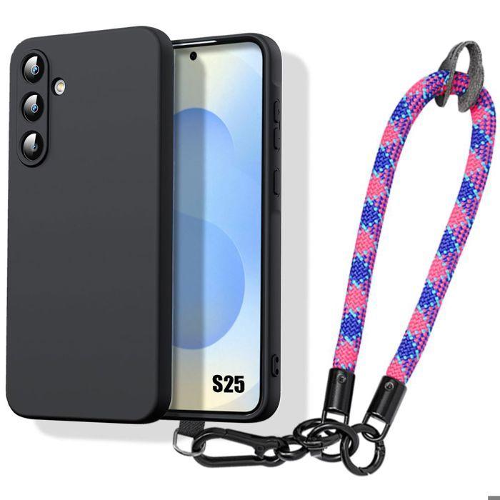 Coque pour samsung galaxy s25, protection silicone liquide avec dragonne tricolore détachable
