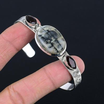 Friendship Day Deal 925 Sterling Silver Fume Agate Stone Garnet Bangle Bracelet