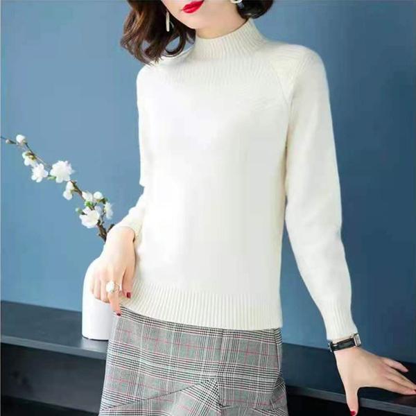 Kaschmirpullover für Damen, locker, einfarbig, Herbst-Winter-Frühling, Wolle, warm, Damenpullover, lässig, langärmelig, halber Rollkragenpullover