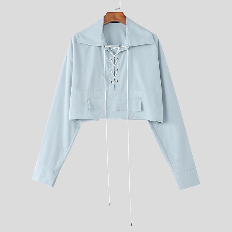 

INCERUN Oversized Men Lapel Neck Long Sleeve Bandage Casual Loose Cropped Shirts 3XL синий