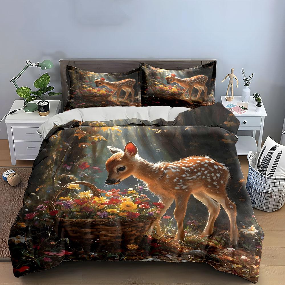 Deer And Floral Forest Decor Soft Comfortable Duvet Cover Bedding Set Included 1*Duvet Cover & 2*Pillowcases, Gift