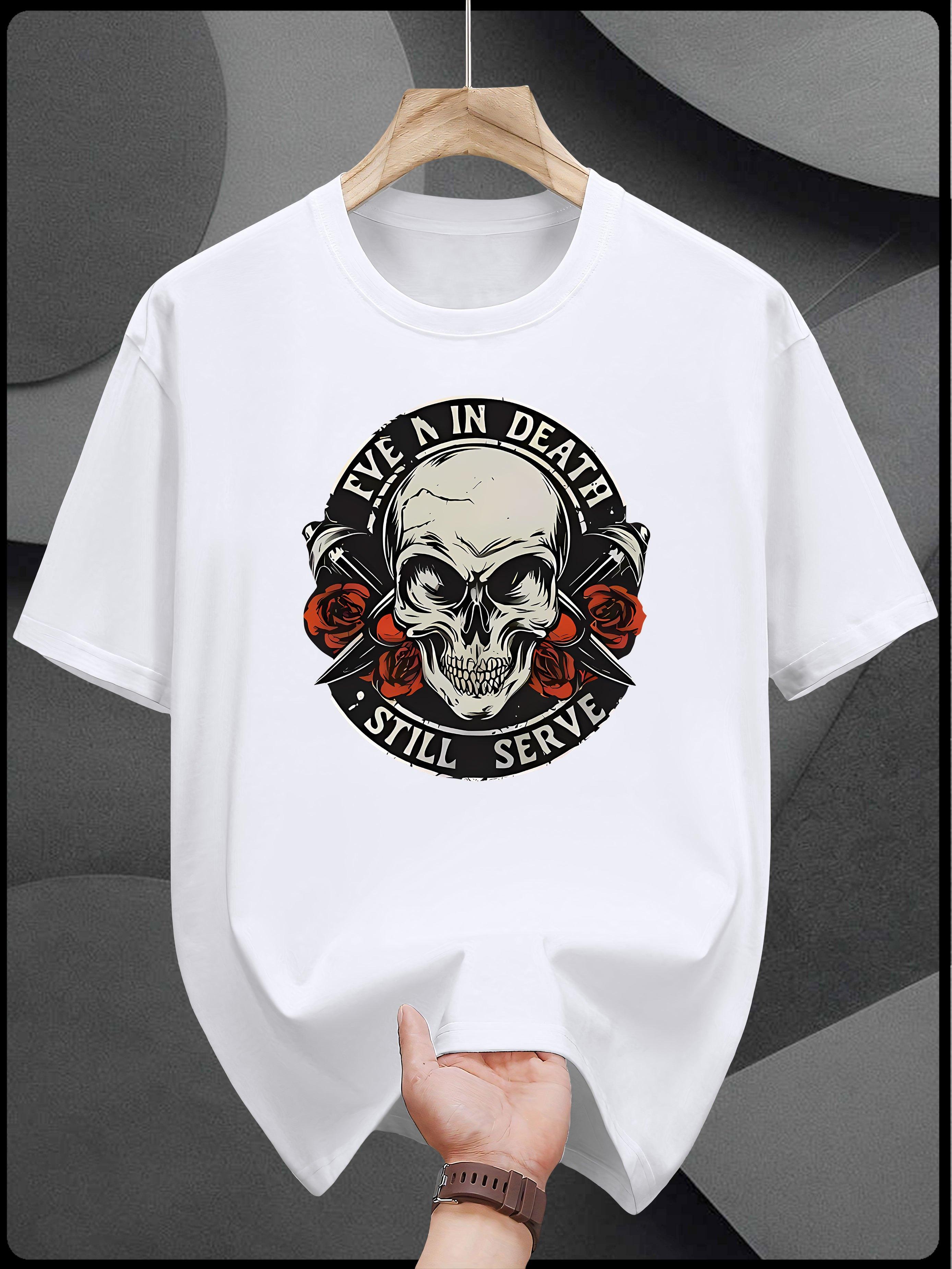 Heavyweight 200gsm Cotton T-shirt - Black Graphic Tee with Skull & Roses XL