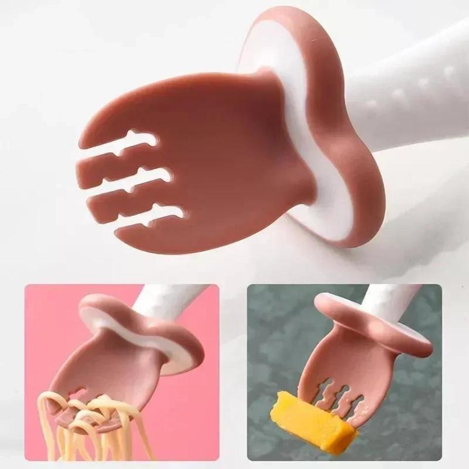 1 Set Baby Spoon Fork Silicone Children's Tableware Set Feeding Baby Tableware Learning Spoon Set Short Simple Spoon
