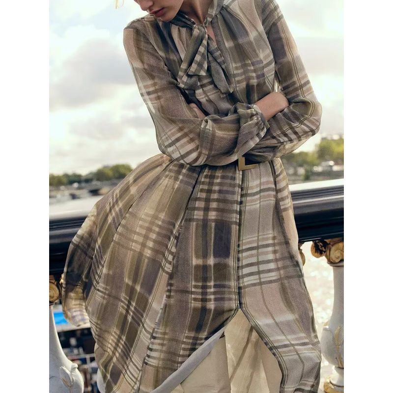 Za2024 Autumn New Women's Clothing with Belt Tight Waist Slim Looking Printed Checks Midi Dress 9205231