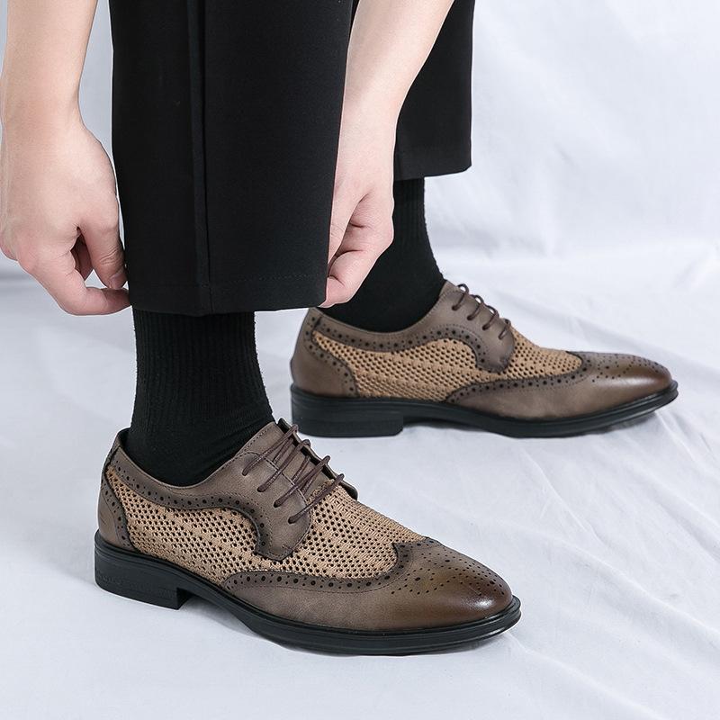 Summer Hollowed-out Mesh Leather Shoes Casual Brock Carved Business British Style Lace-up Mesh Wedding Men's Shoes