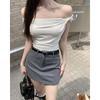 Pure desire chic design kink slanted shoulder short-sleeved T-shirt women's summer new Spice Girl short black top