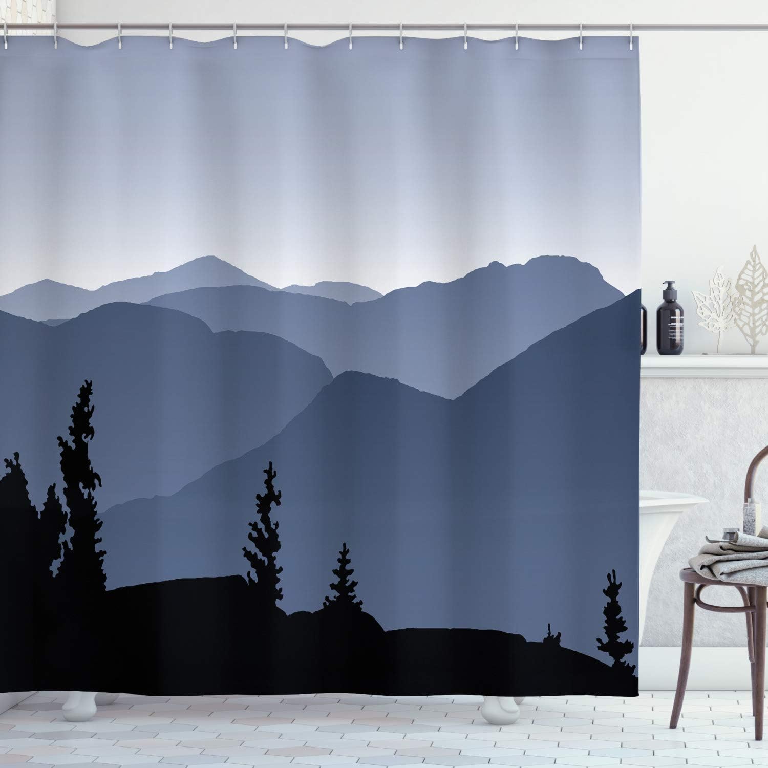 Mountain Silhouette Shower Curtain Blue Gradient Landscape Pine Trees Nature Art Bath Decor Waterproof Fabric Minimalist Design 90x180cm35x71in