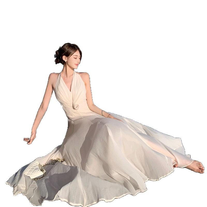 Gentle and Romantic Sleeveless Collar Neck Dress Design Sense Twist Pleated Waist Long Dress Seaside Vacation Dress