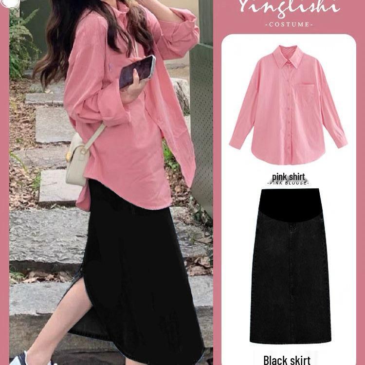 Spring 2026 Loose Pink Shirt & Maternity Skirt Set M