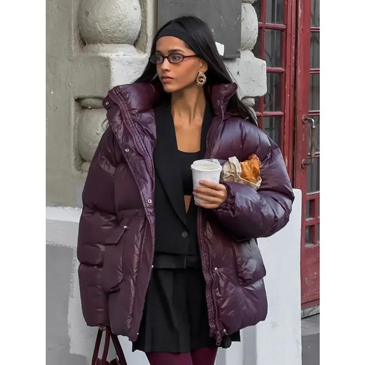 Winter Warm Burgundy Thicken Cotton Jacket Women Elegant Stand Collar Lace Up Pocket Zipper Coat Fashion Female Street Outerwear