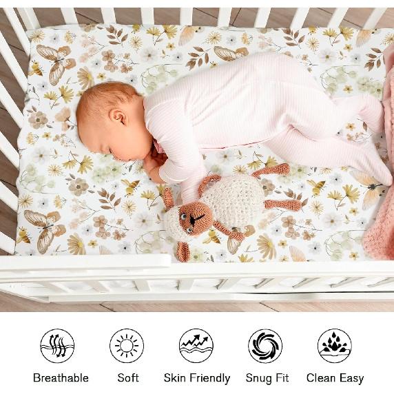 Vintage Butterflies Boho Wildflowers Baby Crib Sheets Boy Girl 52"x28" Watercolor Bees Butterflies Spring Floral Crib Mattress Cover Soft Breathable