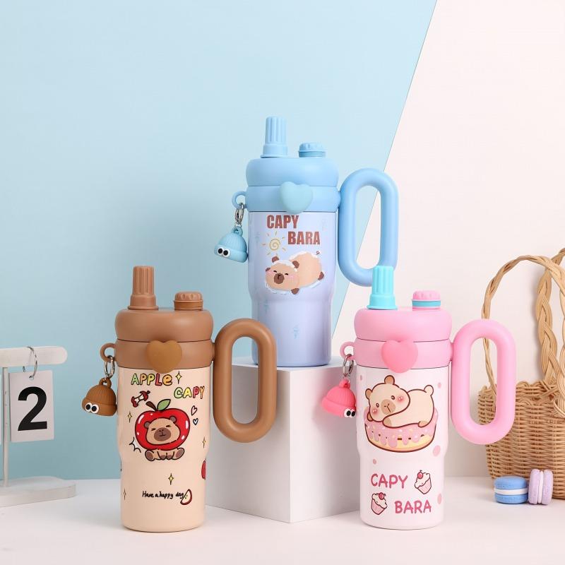 850ML Cartoon Cute Thermal Water Bottle With Straw Handle Large Capacity Student and Children Double Drinking Tumbler Coffee Cup