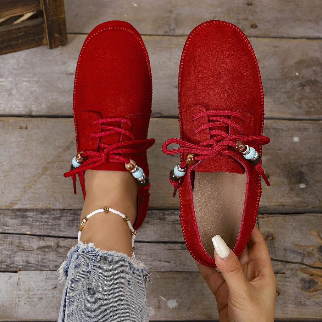 2025 Women Loafers Round Toe Lace-up String Bead Shoes Leisure Spring Autumn Sneakers Woman Retro Style Plus Size Shoes Women