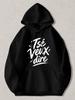 Black Pullover Hoodie with White 'Tse Veux Dire' Graphic Print Casual Long Sleeve Sweatshirt with Kangaroo Pocket and Drawstring H