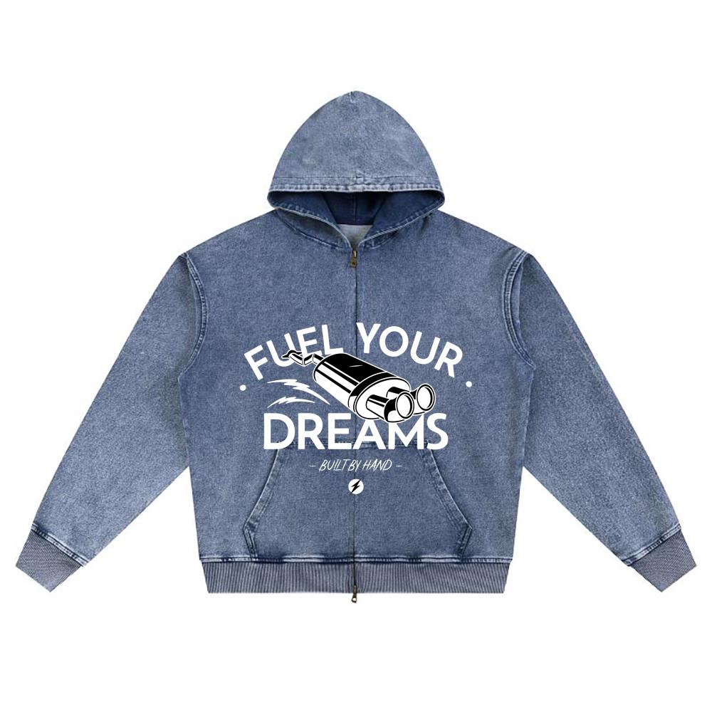 DTG Print Knitted Denim Zip-Up Hoodie Fuel Your Dreams Brother Print Zipper Hoodies  