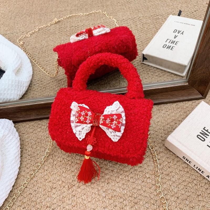 Red Girls Enchanting Shoulder Bag With Chic Bow And Tassel Accents Kids For