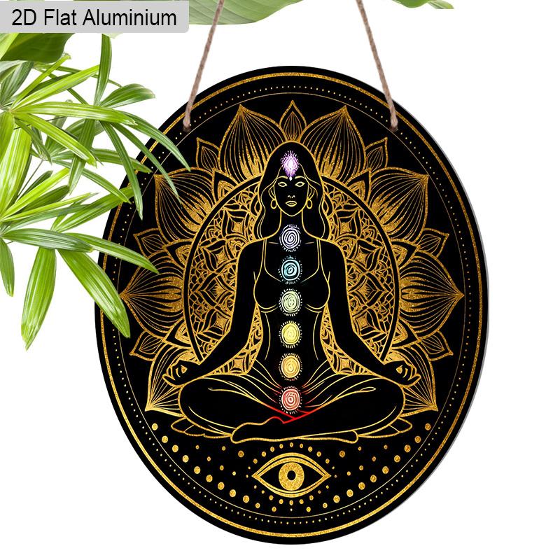 2D Flat Bohemia Aluminium Sign with Meditation & Chakra Pattern - Vintage Figurine Ornaments - Ideal for Front Door, Wall, Porch, Fence Decor - Ideal