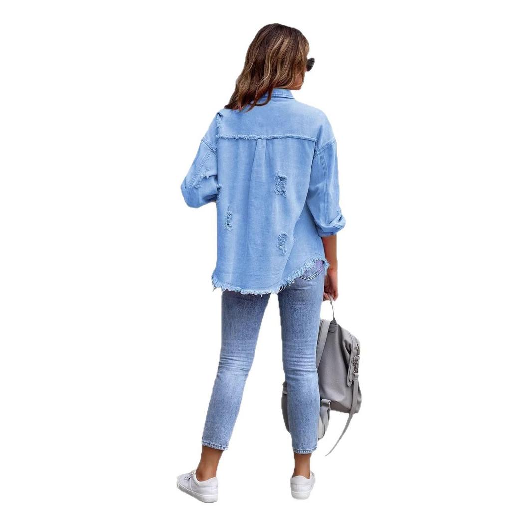 Women's Solid Color Ripped Denim Shirt - Long Sleeve, Loose Fit Bestseller