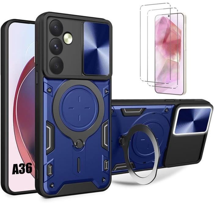 2 Verres Trempés + Coque pour Samsung Galaxy A36 Bleu Marine Anti-Rayure Renforcée Cache Caméra Support Anneau