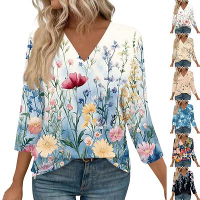 3/4 Length Sleeve Womens Tops V Neck Casual Tunic Tops Basic Shirts Loose Fit Blouse