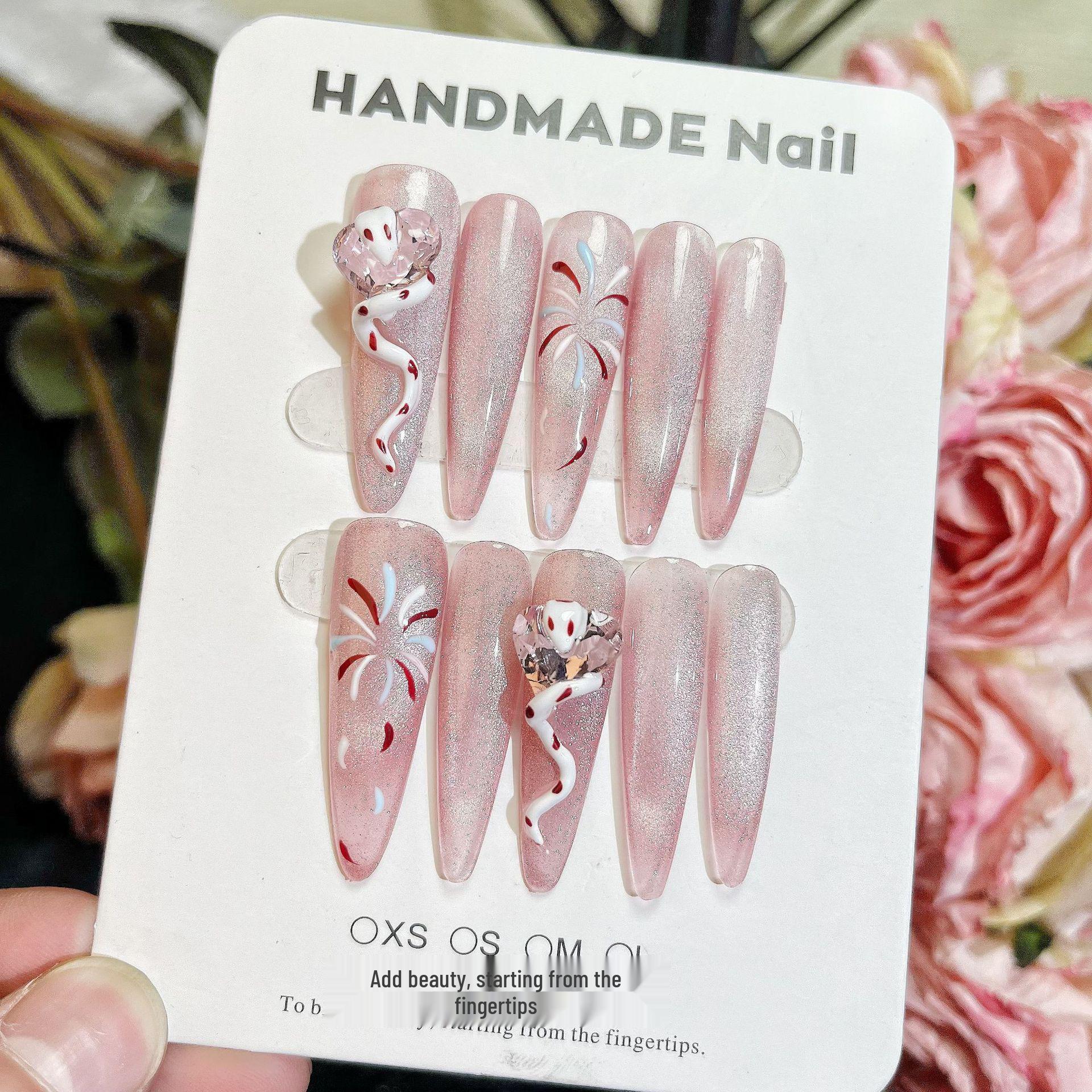 

Artisan Fairy Light Pink Snake Wrap Crystal Heart Nail Decals - Luxurious Nail Pieces for a Radiant Look Extra Small