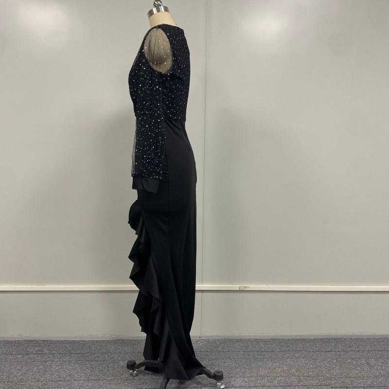 Black Mesh Sequin Wrap Dress With V-Neck Mid-Waist Fitted Silhouette Elegant Office Wear Long Skirt