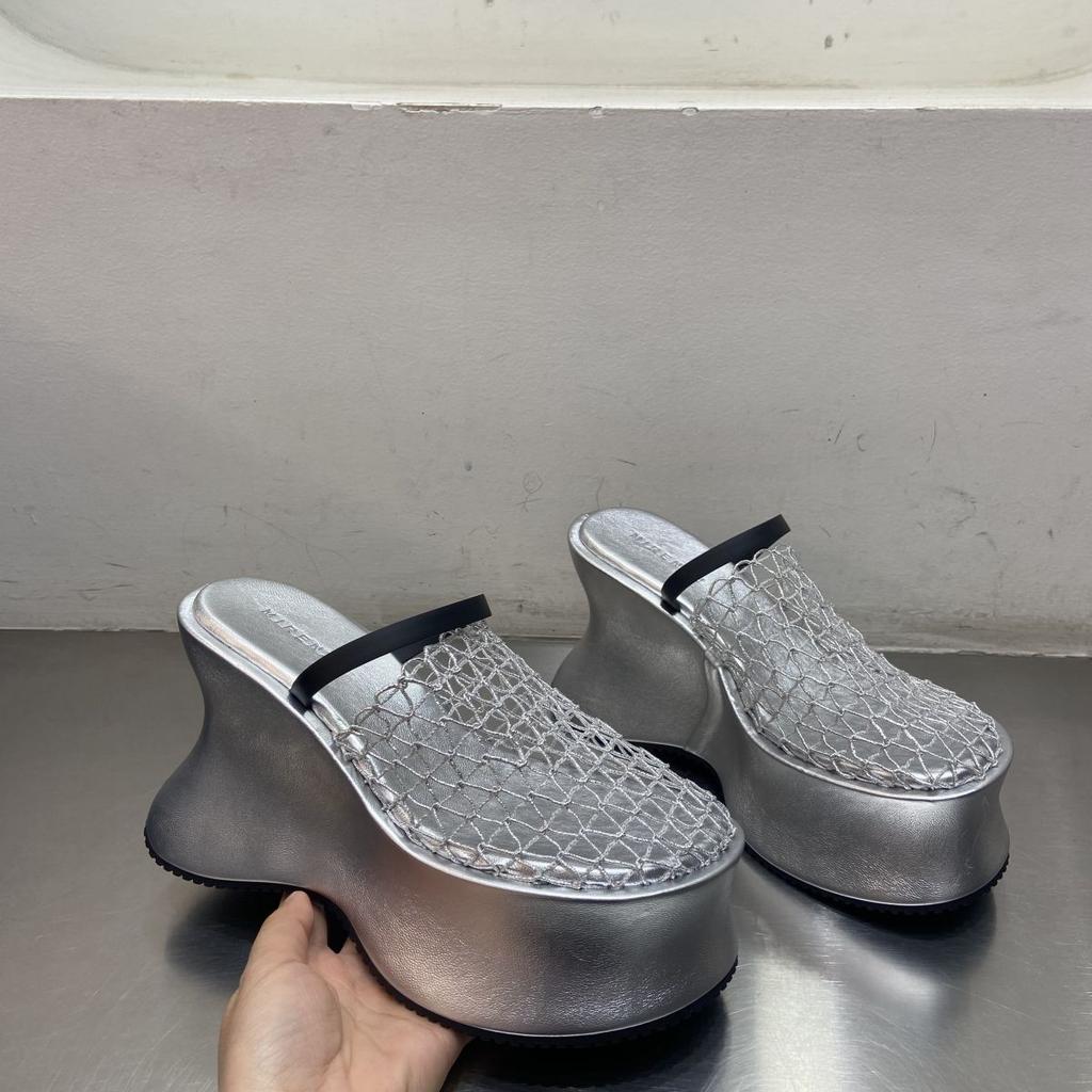 2025 summer new summer design hollow breathable half drag thick bottom heightening muffin slope heel cool slippers women's wear