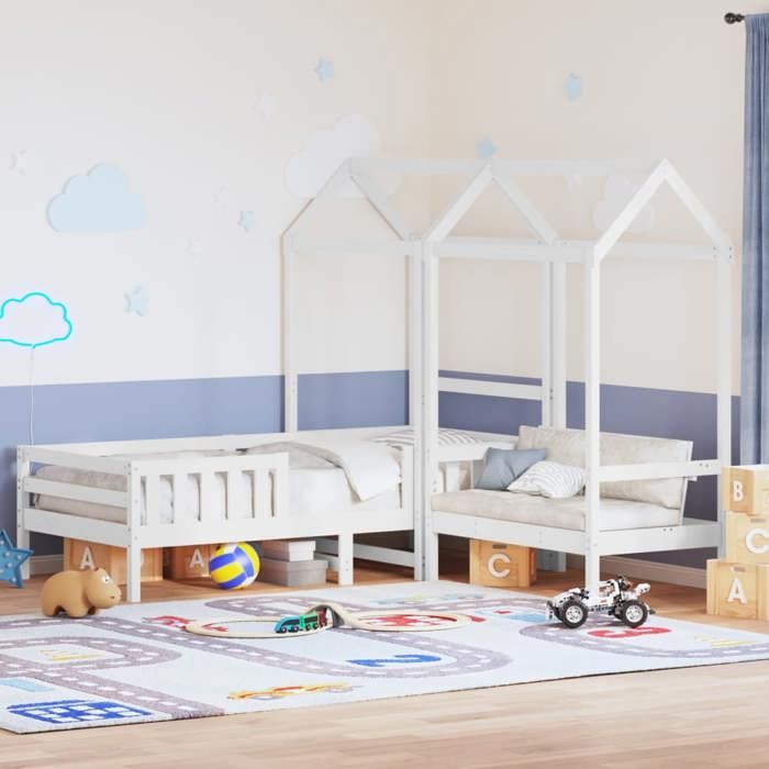 VidaXL Ensemble de lit et de banc avec toit 75x190 cm bois massif pin, meuble de chambre à coucher, sommier, cadre de lit en 3282184