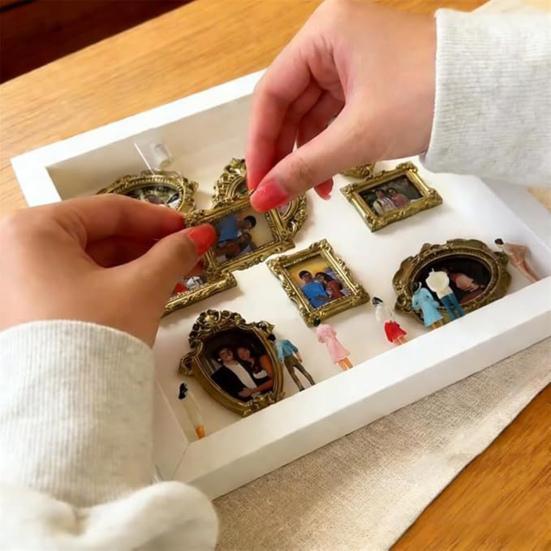 DIY Mini Museum Box with Small Golden Frames Figurines Lamps Photo Frame Shadow Box Family Memory Display Case Home Decoration