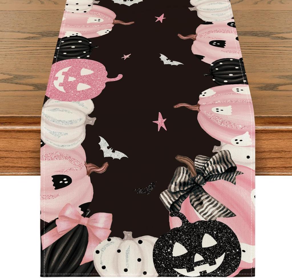 Linen Halloween Table Runner Pumpkin Spider Web Skull Dining Table Decoration Scary Table Cover For Halloween Dinner Party Decor