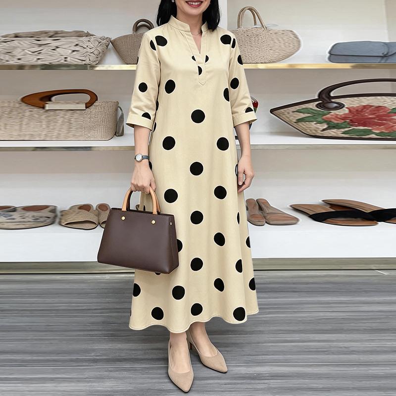 ZANZEA Casual V-hals Driekwartmouw Los Polkadot Print Midi Jurk voor Dames