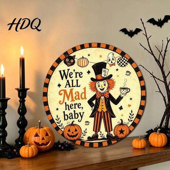 Halloween Theme Wall Art Retro Sign Round Metal Decorative Vintage Illustration Sign Rustic Decor for Living Room Party Decoration Nostalgic Hanging