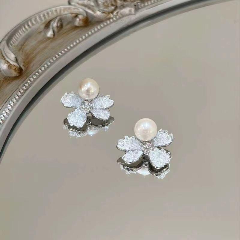 Elegant Ice Crystal Blue Flower Stud Earrings with Freshwater Pearl for Women