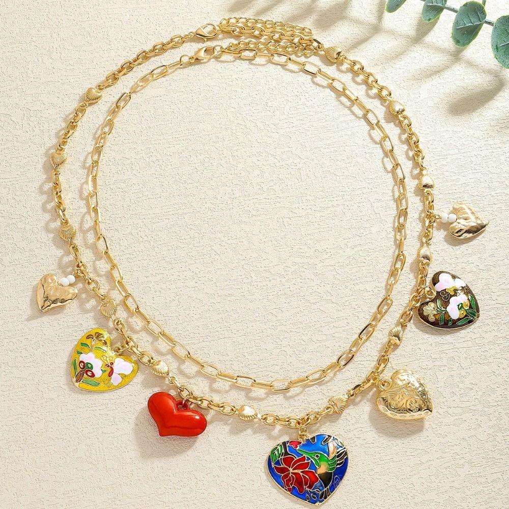 Flower Big Heart Pendant Necklace Dripping Oil Clavicle Chain Trendy Double Layer Necklace  Women
