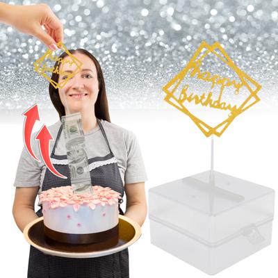 Money Box For Cake, Surprise Money Cake Pull Out Kit, Cake ATM Money Box With Happy Birthday Cake Topper Giltter Heart